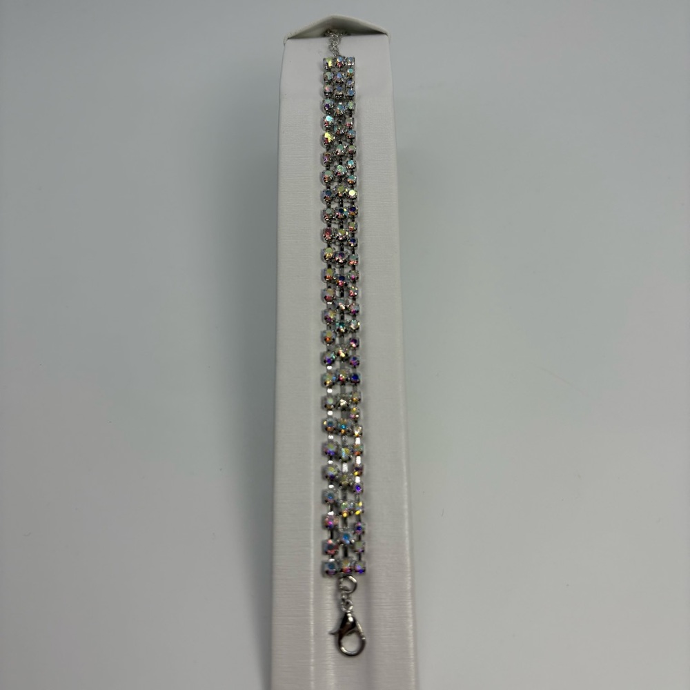 3 Row AB Crystal Rhinestone Iridescent Wedding Pageant Bracelet in Silver Tone